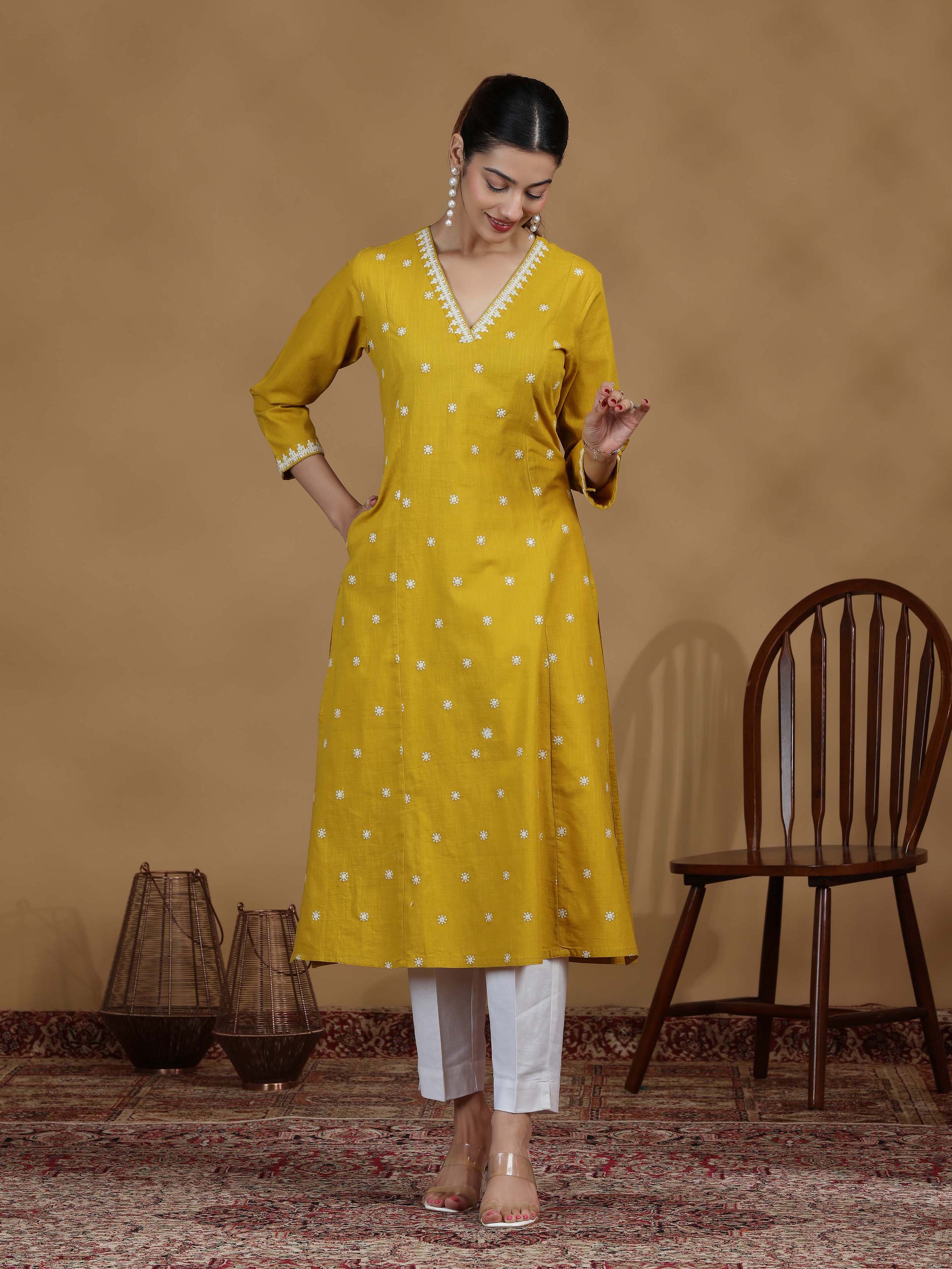 Yellow Embroidered Straight Kurta | Cotton Culture