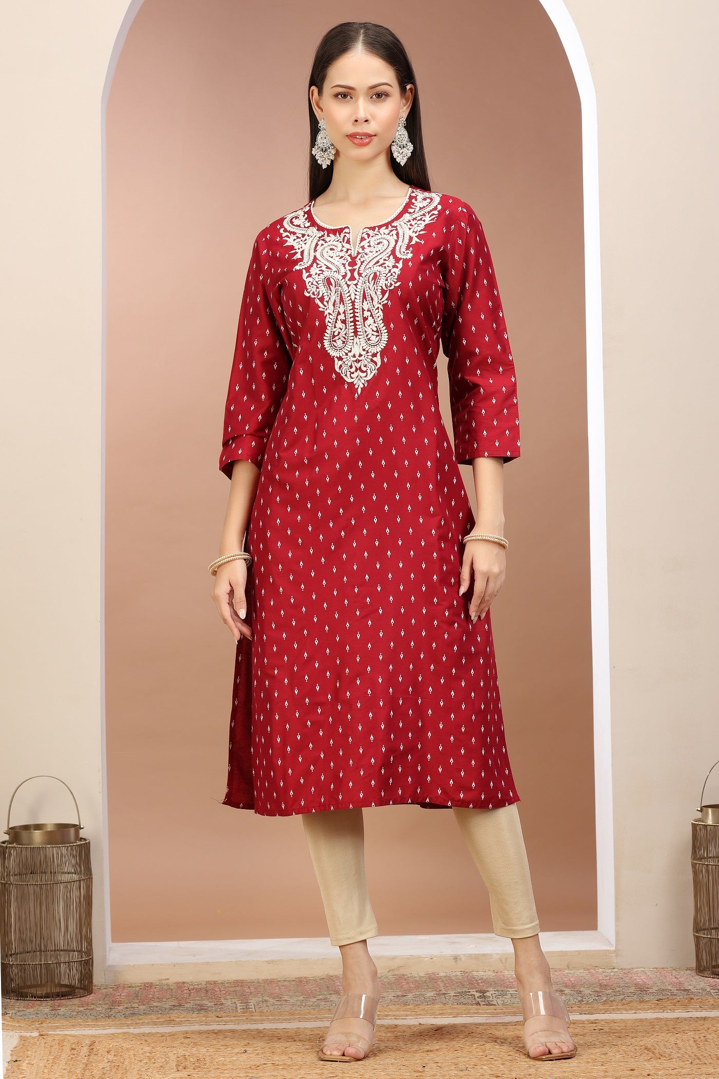 Maroon Silk Blend Solid Embroidered Straight Kurta MKU1472 main image 1