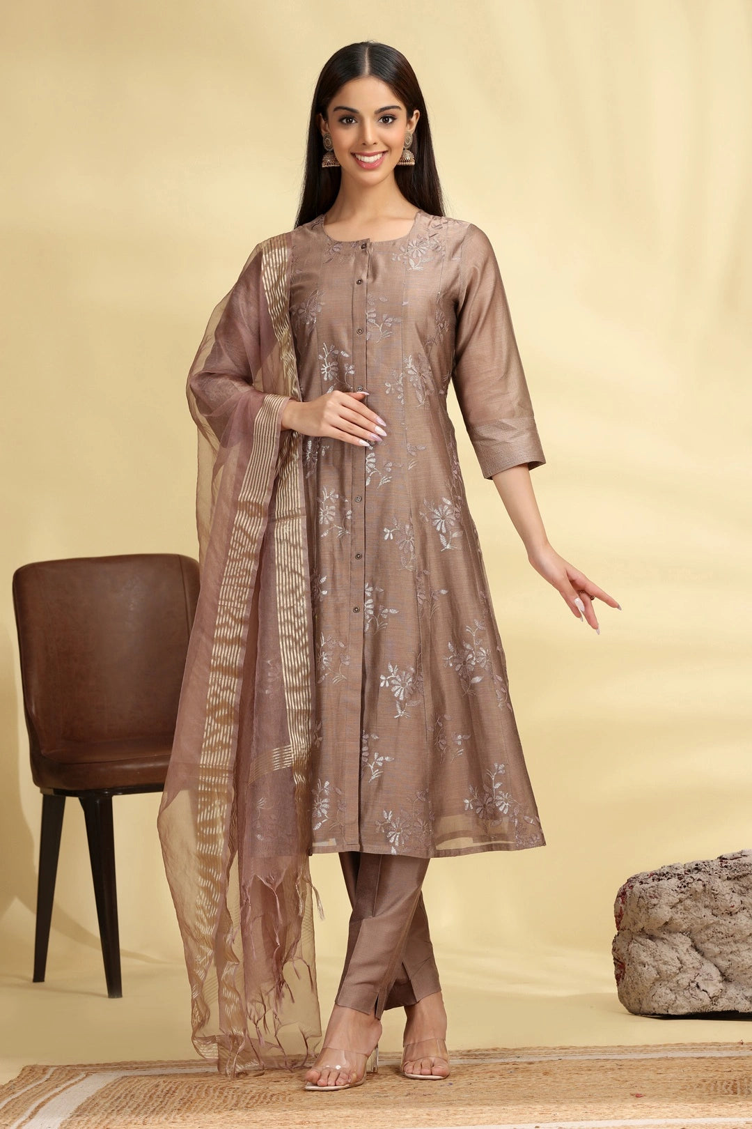 Brown Embroidered Chanderi A Line Kurta Pant Dupatta Suit Set