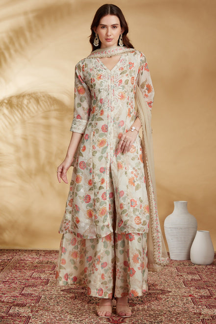 Cream Chinnon Embroidered A Line Kurta Pant and Dupatta Suit Set