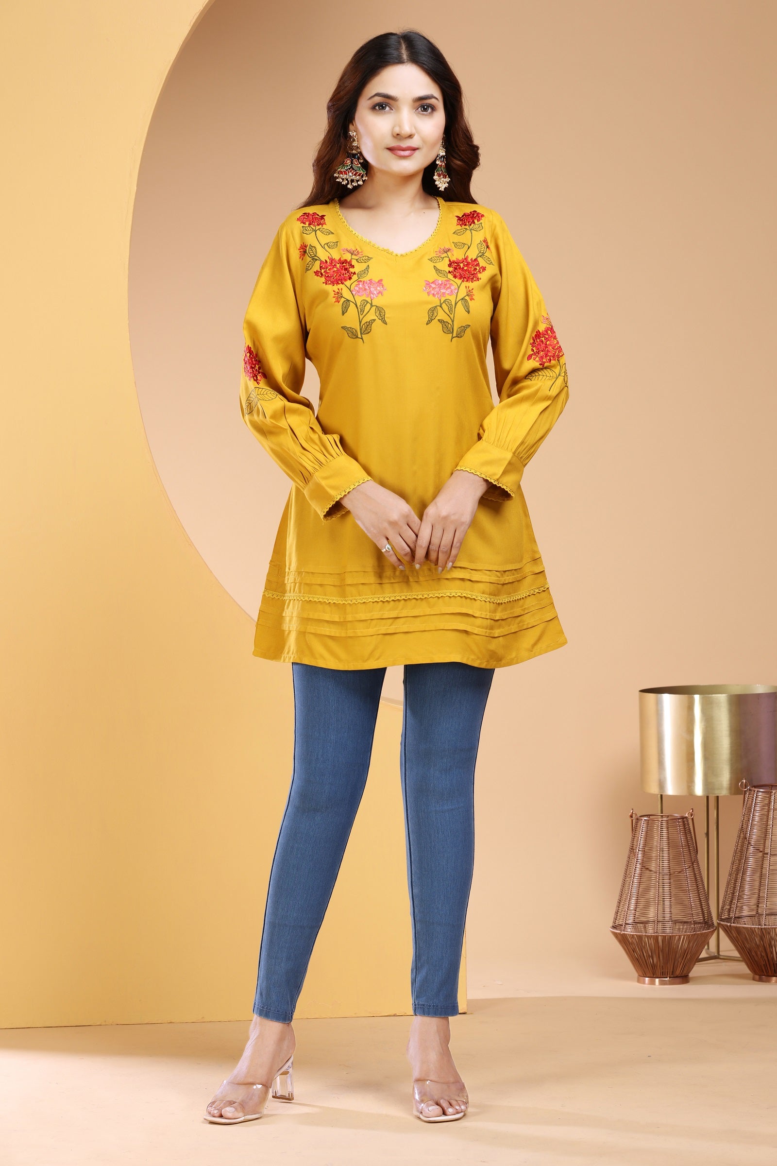 Mustard Rayon Printed Button Down kurta main image 1