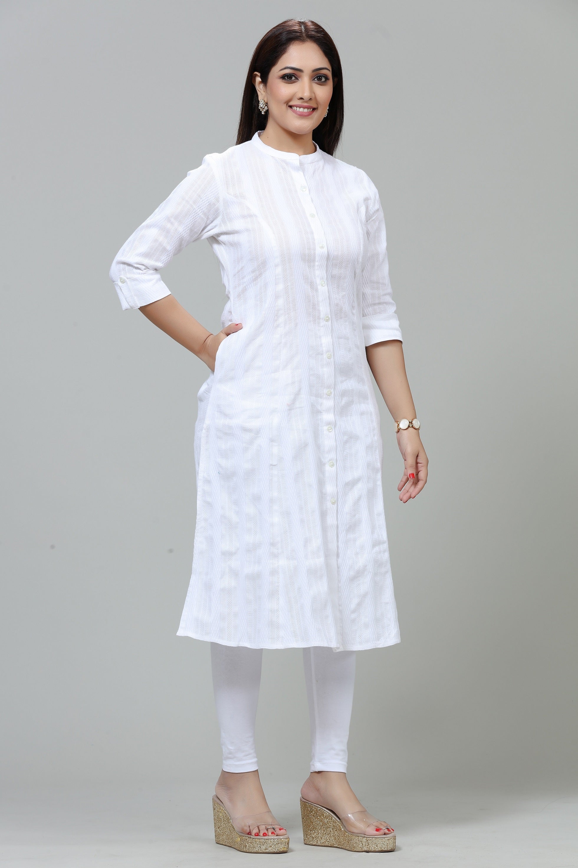 White Half Sleeve Cotton A-Line Kurta main image 0