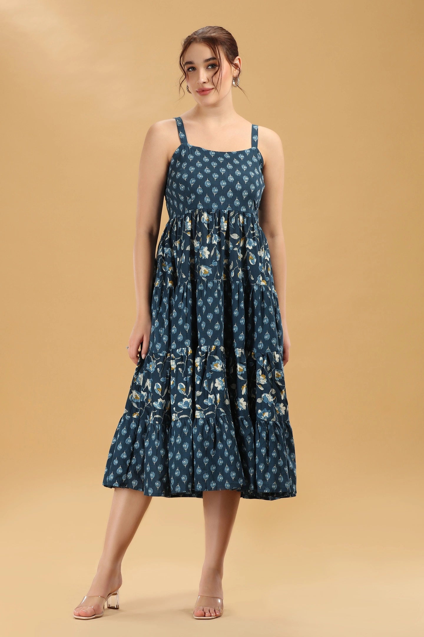 Navy Blue Floral Printed Tiered Cotton Flare Dress – Cotton Culture