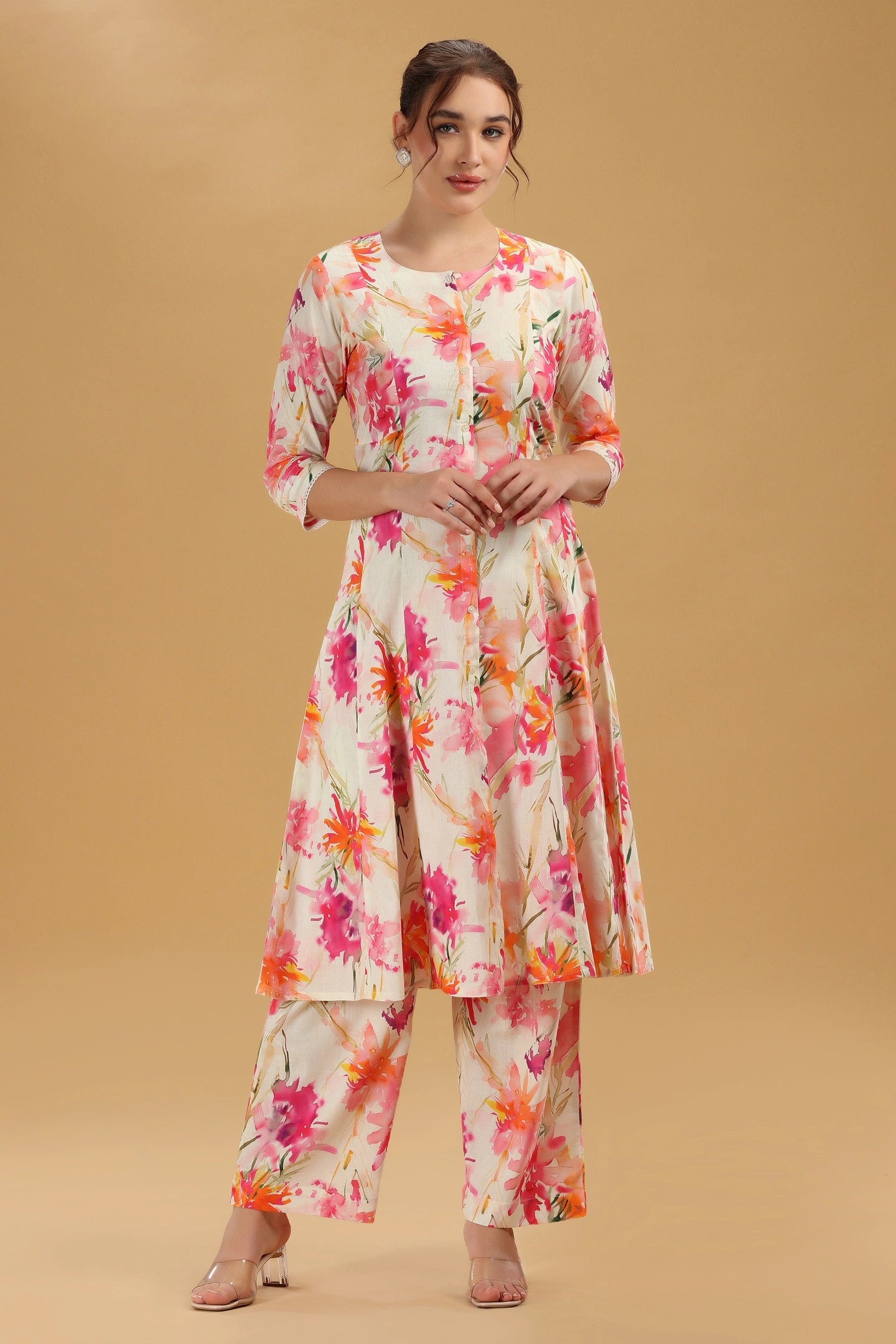 White Floral Printed Cotton Blend A-Line Kurta And Pants Set
