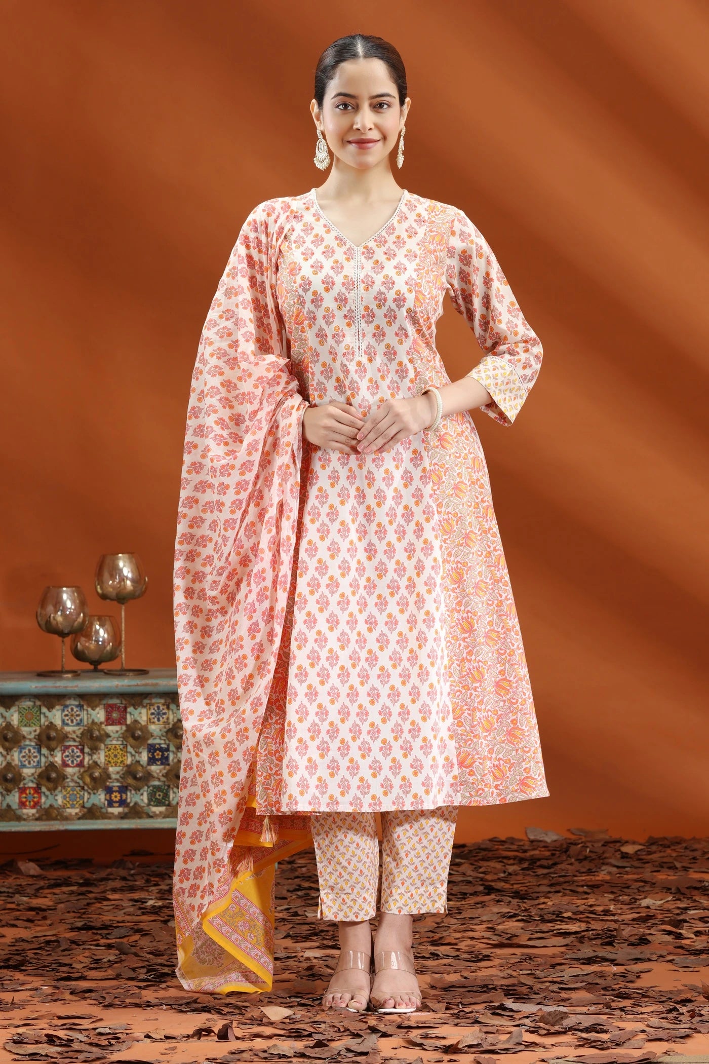 Mustard Printed Poly Chiffon A-Line Kurta With Palazzos & Dupatta