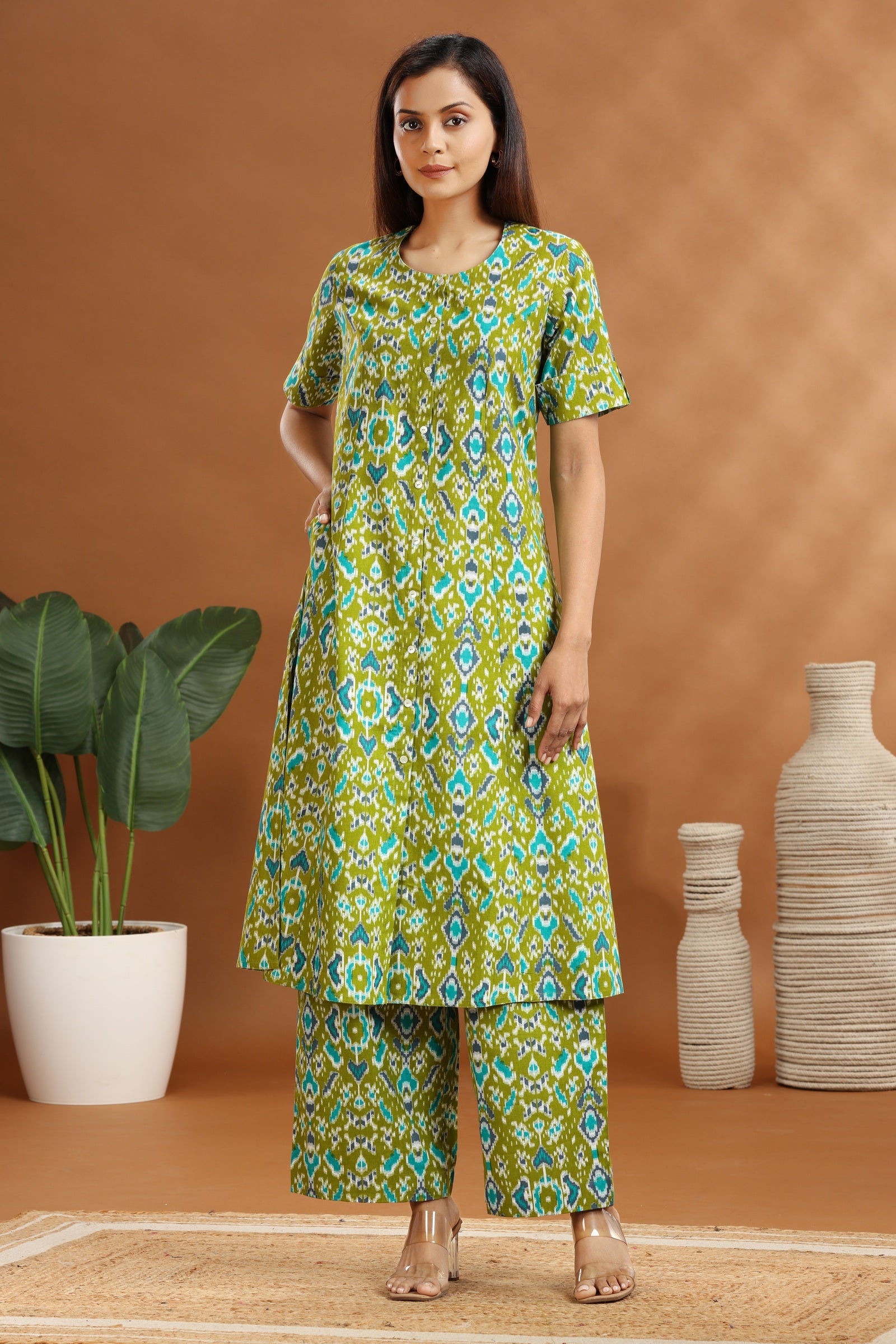 Parrot Green Flax Cotton Printed Straight Kurta and Pant Set  Cotton ...