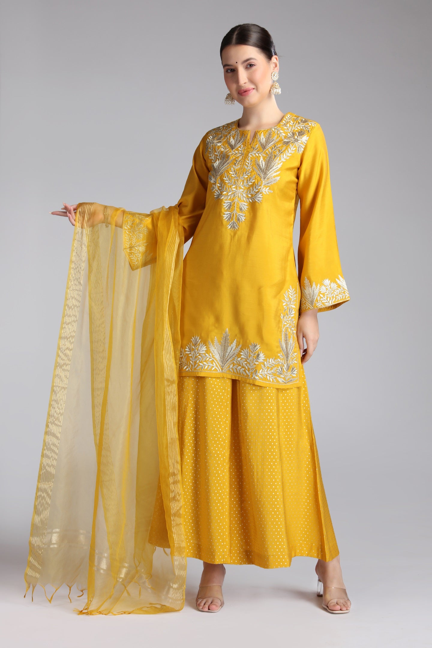 Women's Yellow Roman Silk Jacquard Straight Kurta Pant With Dupatta