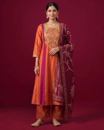Women Orange Embroidered A-Line Ethnic Suit Set