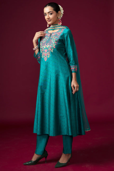 Women Teal Embroidered Flared Ethnic Suit Set
