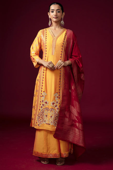 Women Mustard Cotton Embroidered Straight Fit Ethnic Suit Set