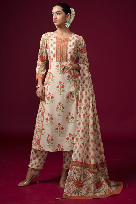 Women Off White & Rust Embroidered Cotton A-Line Ethnic Suit Set