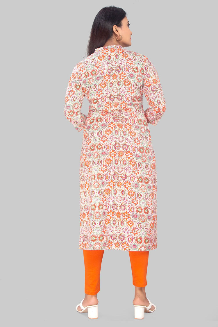 Thana Cream & Orange Cotton Straight Kurtis