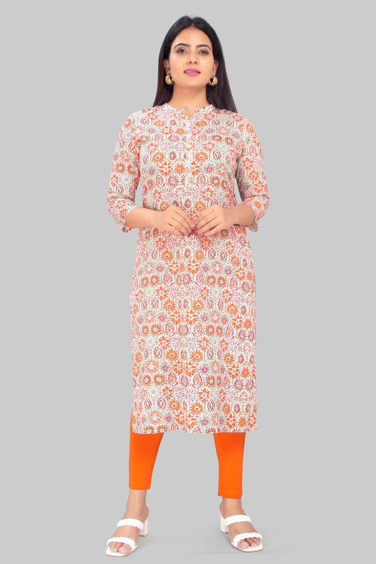 Thana Cream & Orange Cotton Straight Kurtis