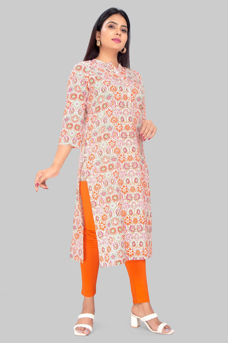 Thana Cream & Orange Cotton Straight Kurtis