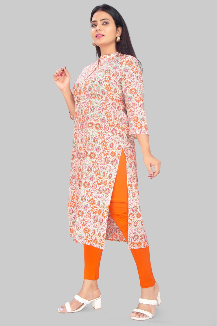 Thana Cream & Orange Cotton Straight Kurtis