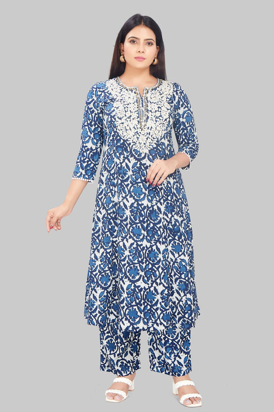 Jahara Navy Blue Cotton Kurta With Pant Set