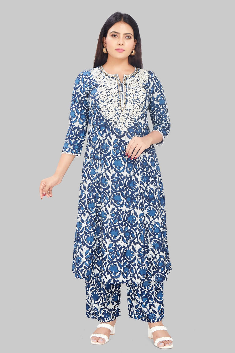 Jahara Navy Blue Cotton Kurta With Pant Set