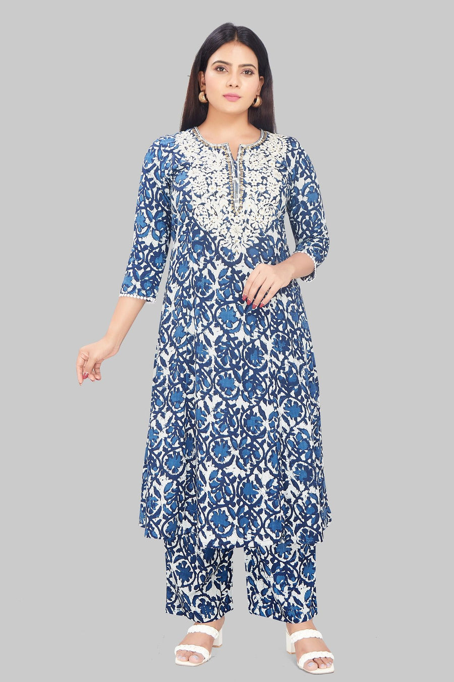 Jahara Navy Blue Cotton Kurta With Pant Set