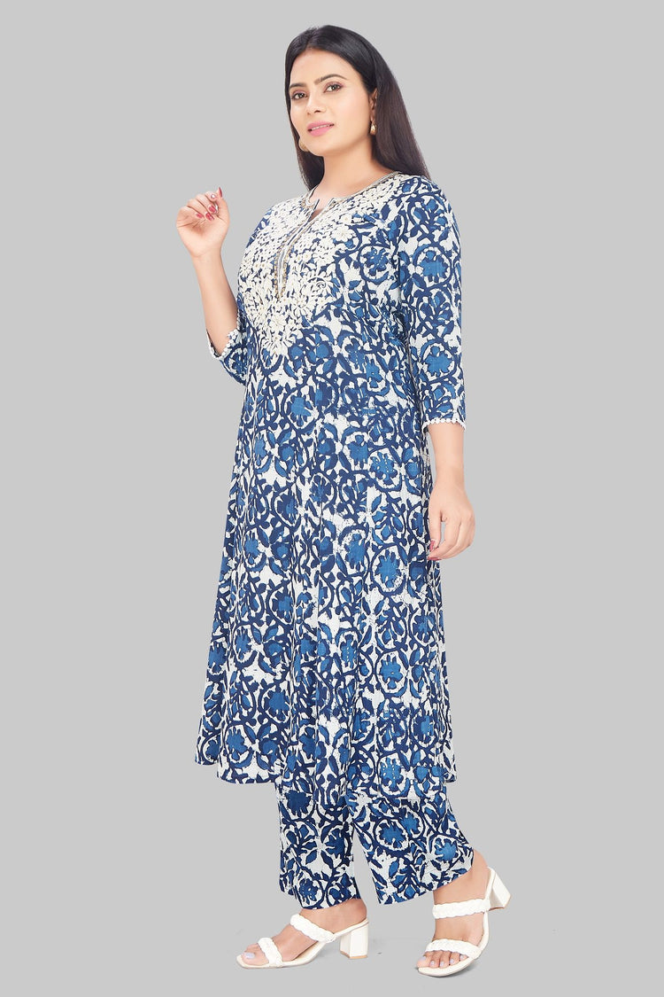 Jahara Navy Blue Cotton Kurta With Pant Set