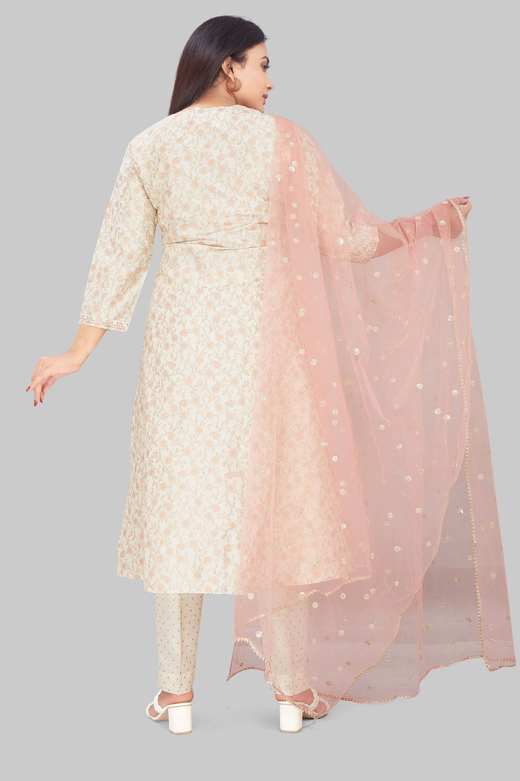 Shaheema Cream Cotton Chanderi Embroidered Suit Set