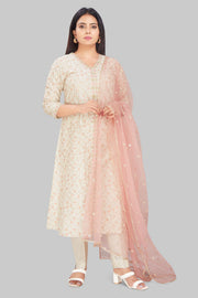 Shaheema Cream Cotton Chanderi Embroidered Suit Set