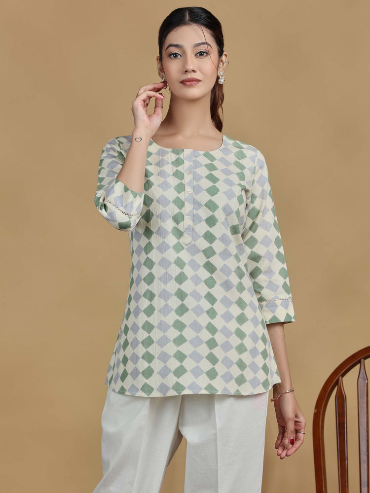 Green and Grey Checkered Cotton Casual Tunic