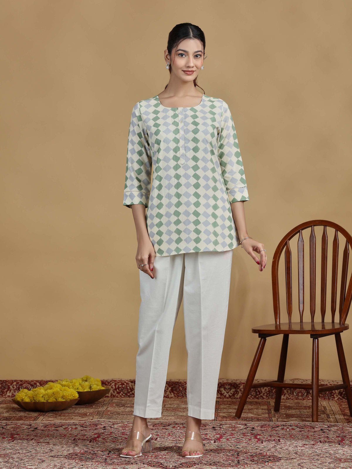 Green and Grey Checkered Cotton Casual Tunic
