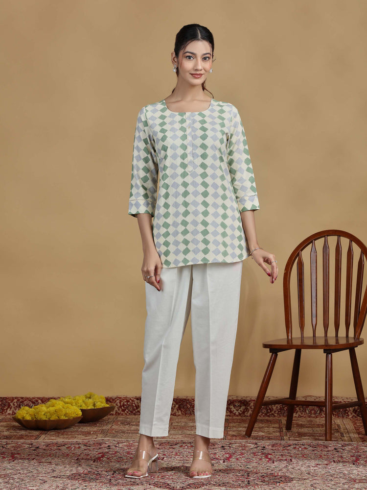 Green and Grey Checkered Cotton Casual Tunic