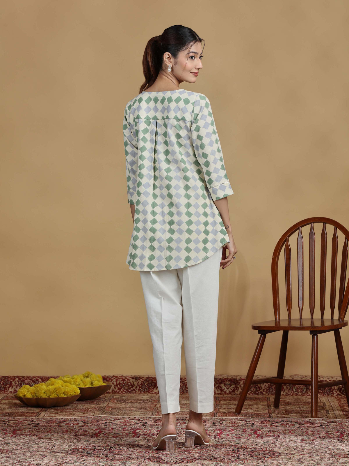 Green and Grey Checkered Cotton Casual Tunic