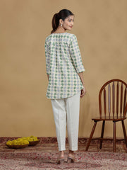 Green and Grey Checkered Cotton Casual Tunic