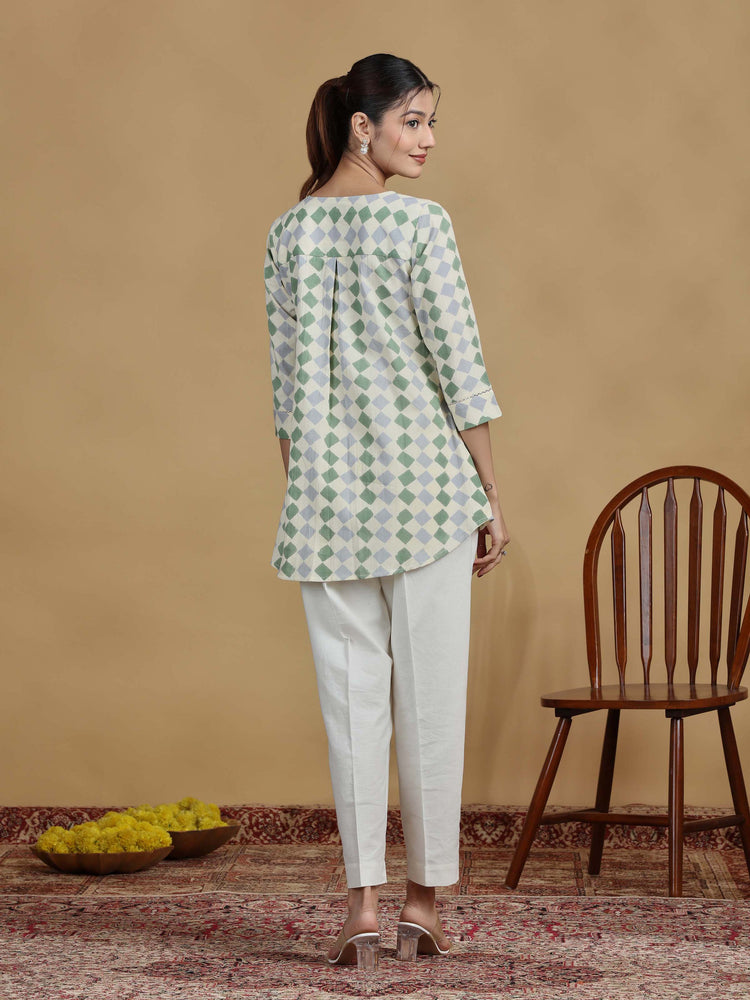 Green and Grey Checkered Cotton Casual Tunic