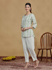 Green and Grey Checkered Cotton Casual Tunic