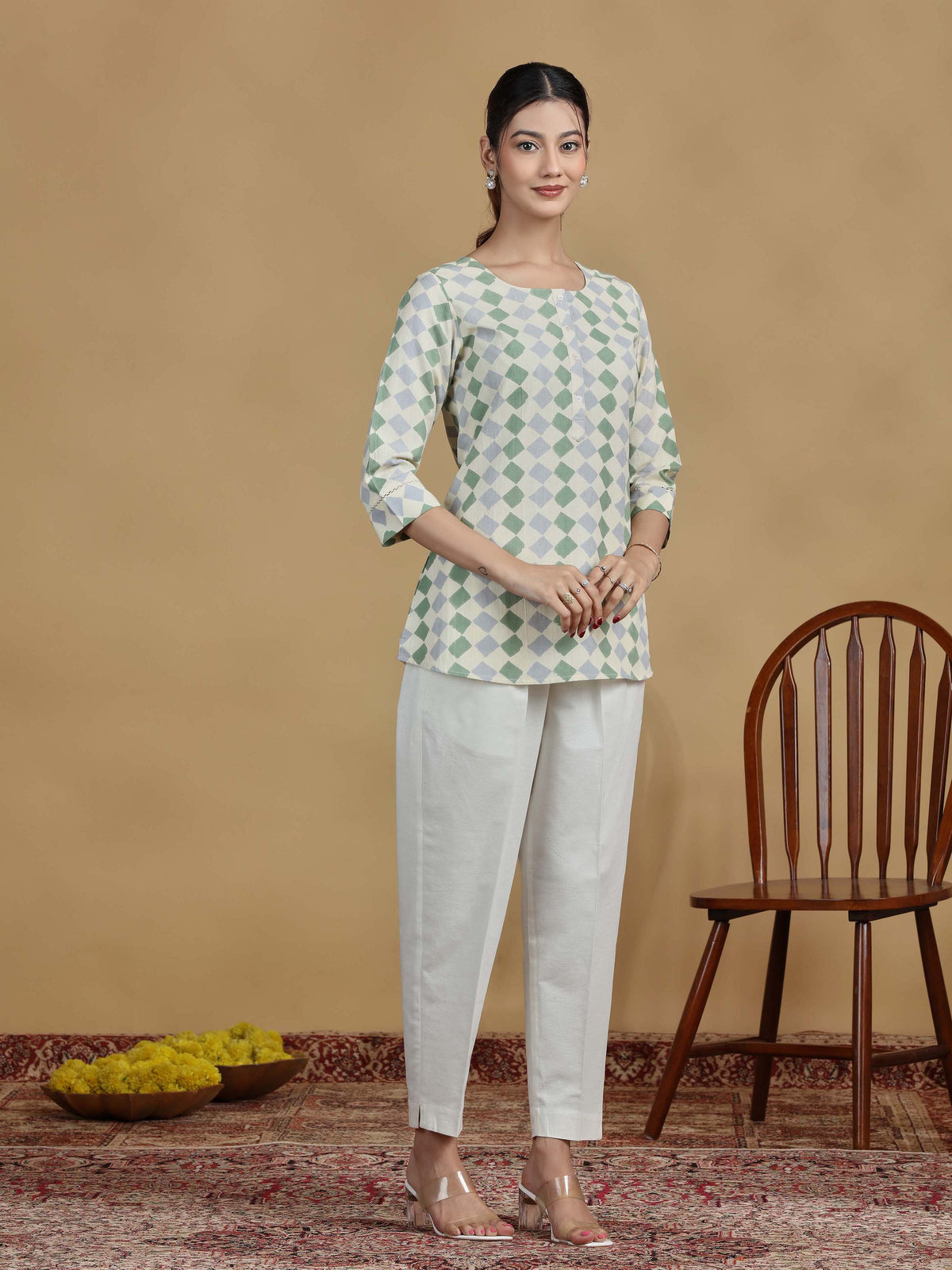 Green and Grey Checkered Cotton Casual Tunic