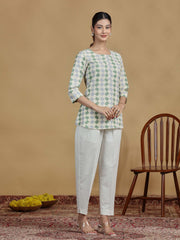 Green and Grey Checkered Cotton Casual Tunic