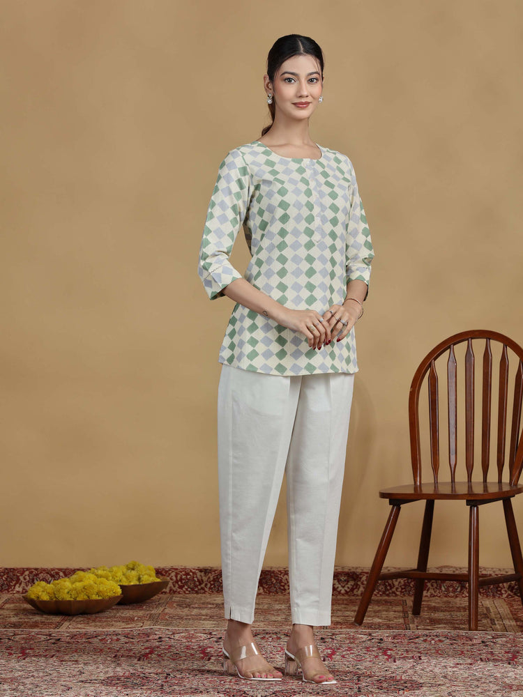 Green and Grey Checkered Cotton Casual Tunic