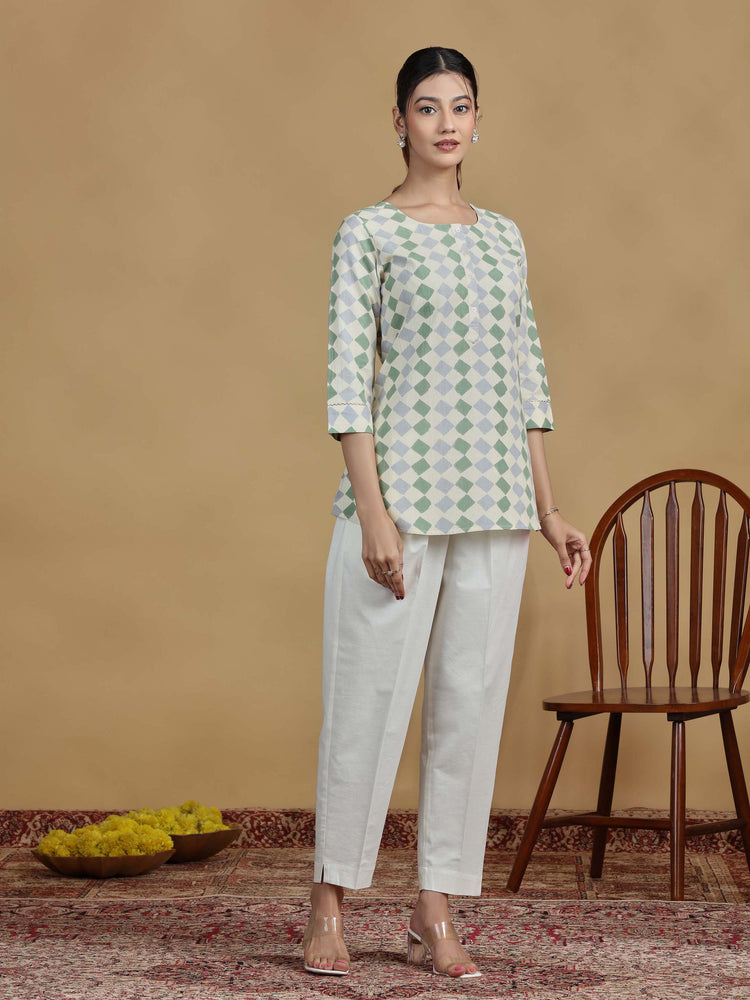 Green and Grey Checkered Cotton Casual Tunic