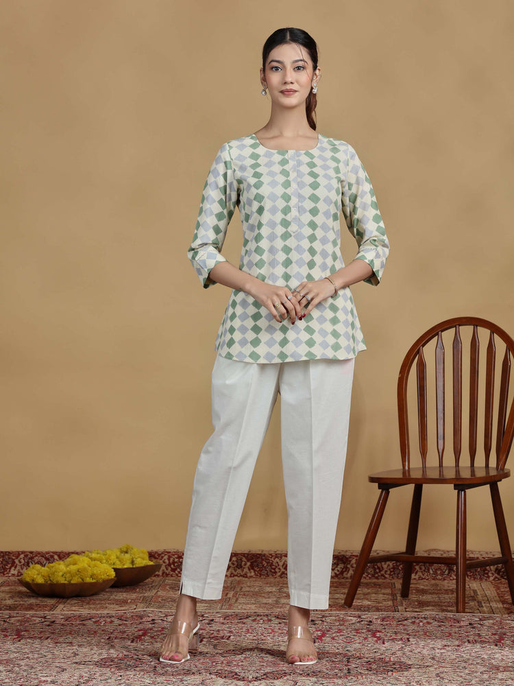 Green and Grey Checkered Cotton Casual Tunic