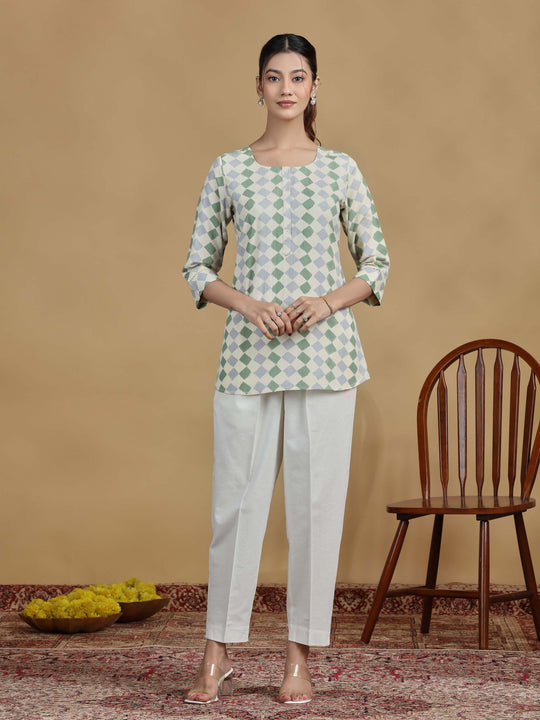 Green and Grey Checkered Cotton Casual Tunic