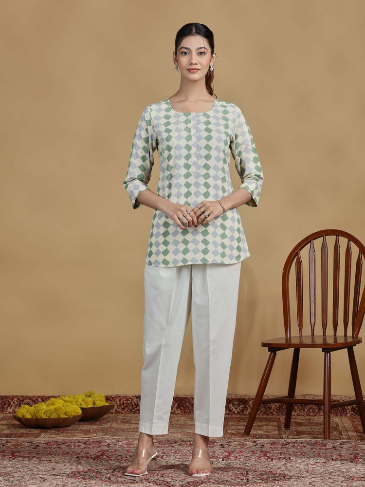 Green and Grey Checkered Cotton Casual Tunic