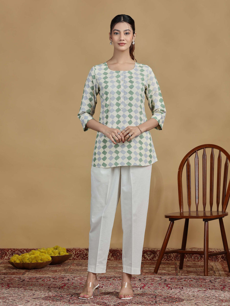 Green and Grey Checkered Cotton Casual Tunic