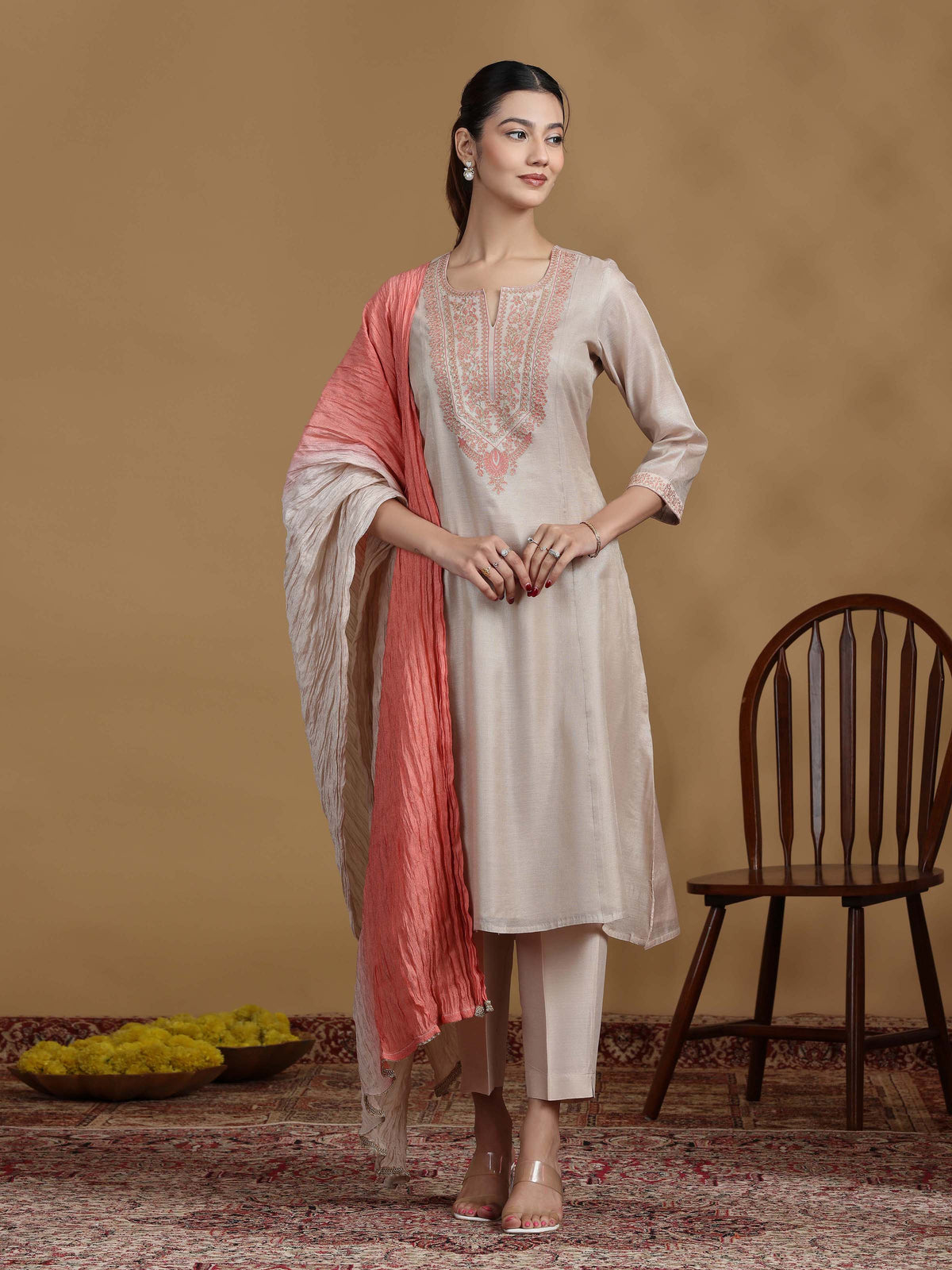 Beige Embroidered Kurti with Coral Ombre Dupatta and Pants