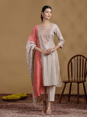 Beige Embroidered Kurti with Coral Ombre Dupatta and Pants