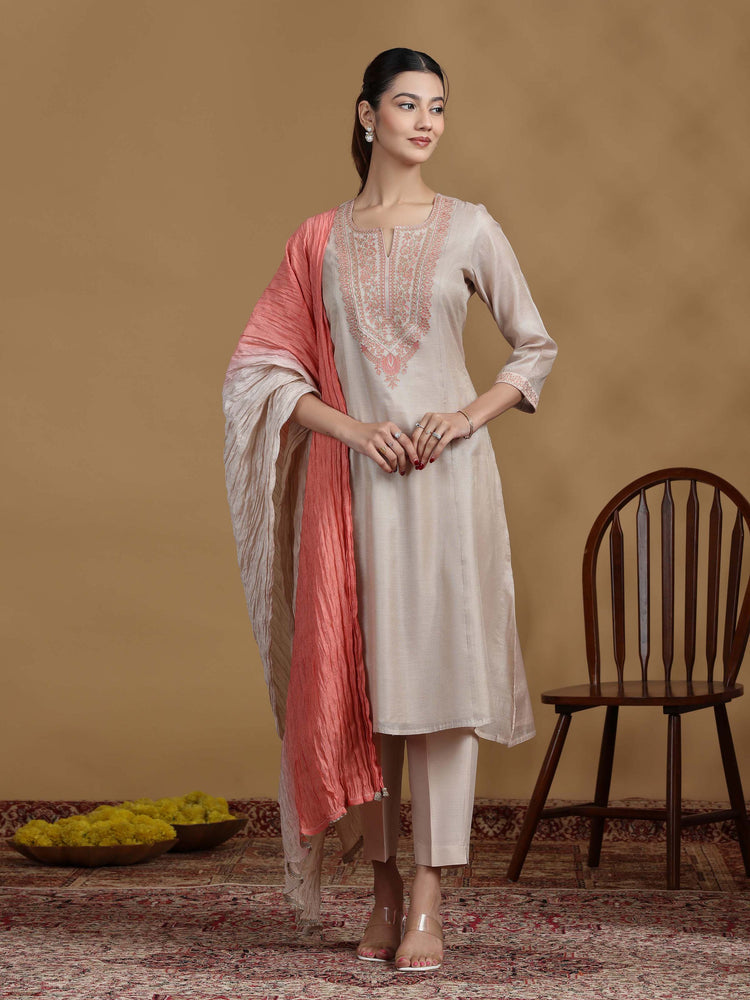 Beige Embroidered Kurti with Coral Ombre Dupatta and Pants