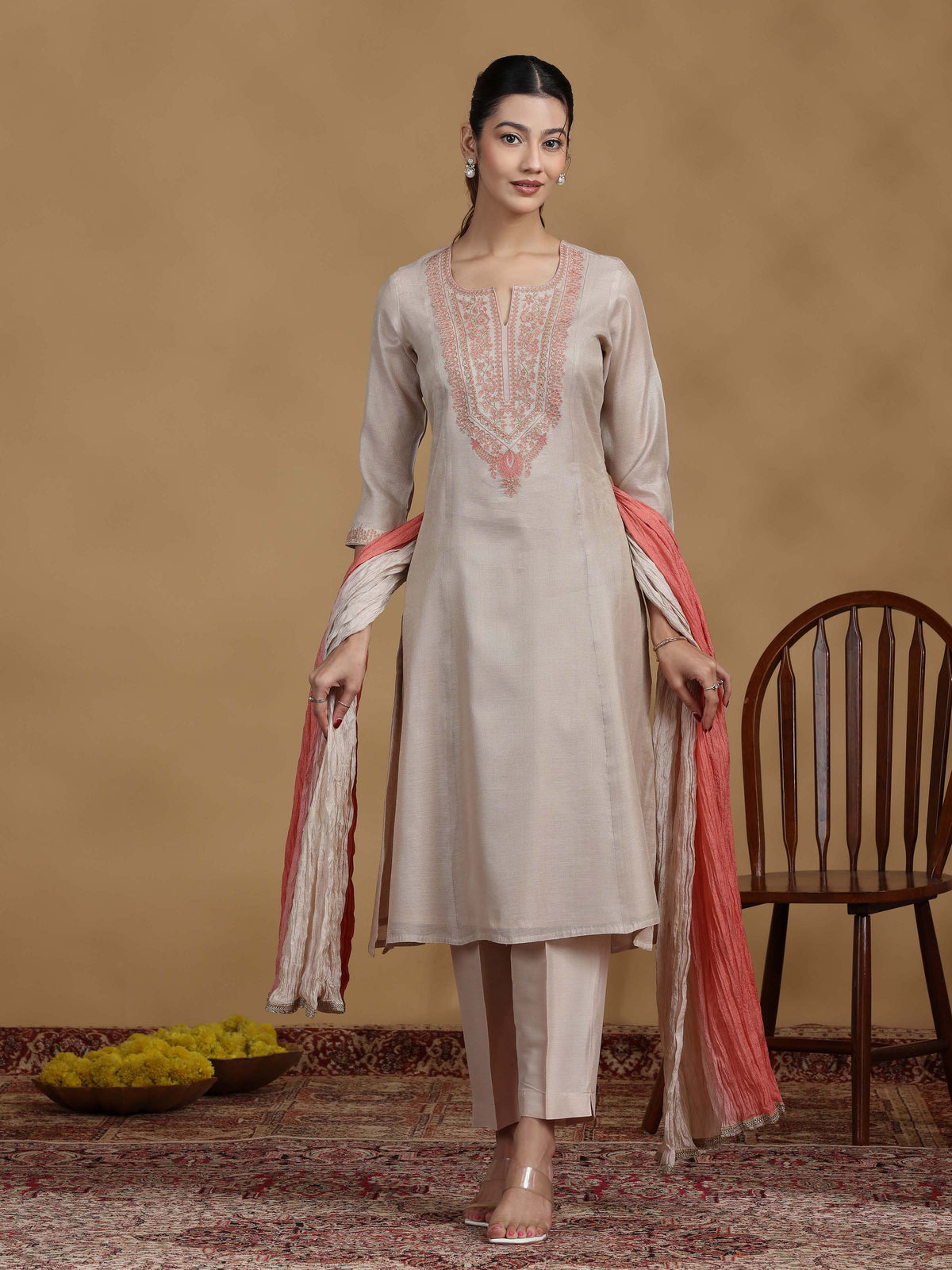 Beige Embroidered Kurti with Coral Ombre Dupatta and Pants