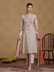 Beige Embroidered Kurti with Coral Ombre Dupatta and Pants