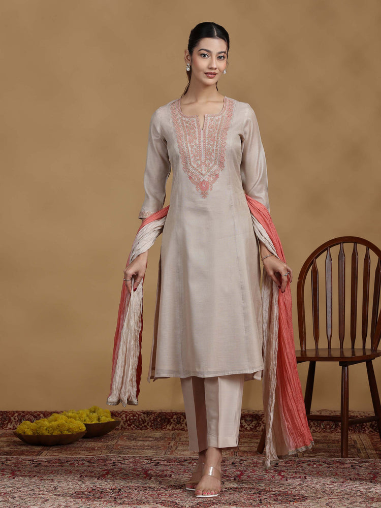 Beige Embroidered Kurti with Coral Ombre Dupatta and Pants