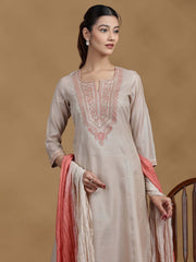 Beige Embroidered Kurti with Coral Ombre Dupatta and Pants
