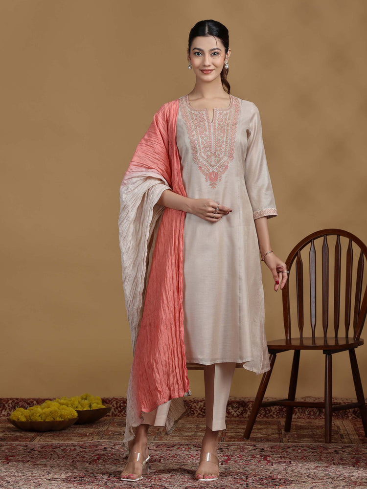 Beige Embroidered Kurti with Coral Ombre Dupatta and Pants