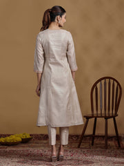 Beige Embroidered Kurti with Coral Ombre Dupatta and Pants