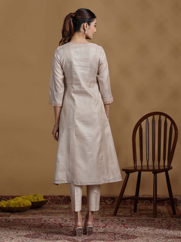 Beige Embroidered Kurti with Coral Ombre Dupatta and Pants